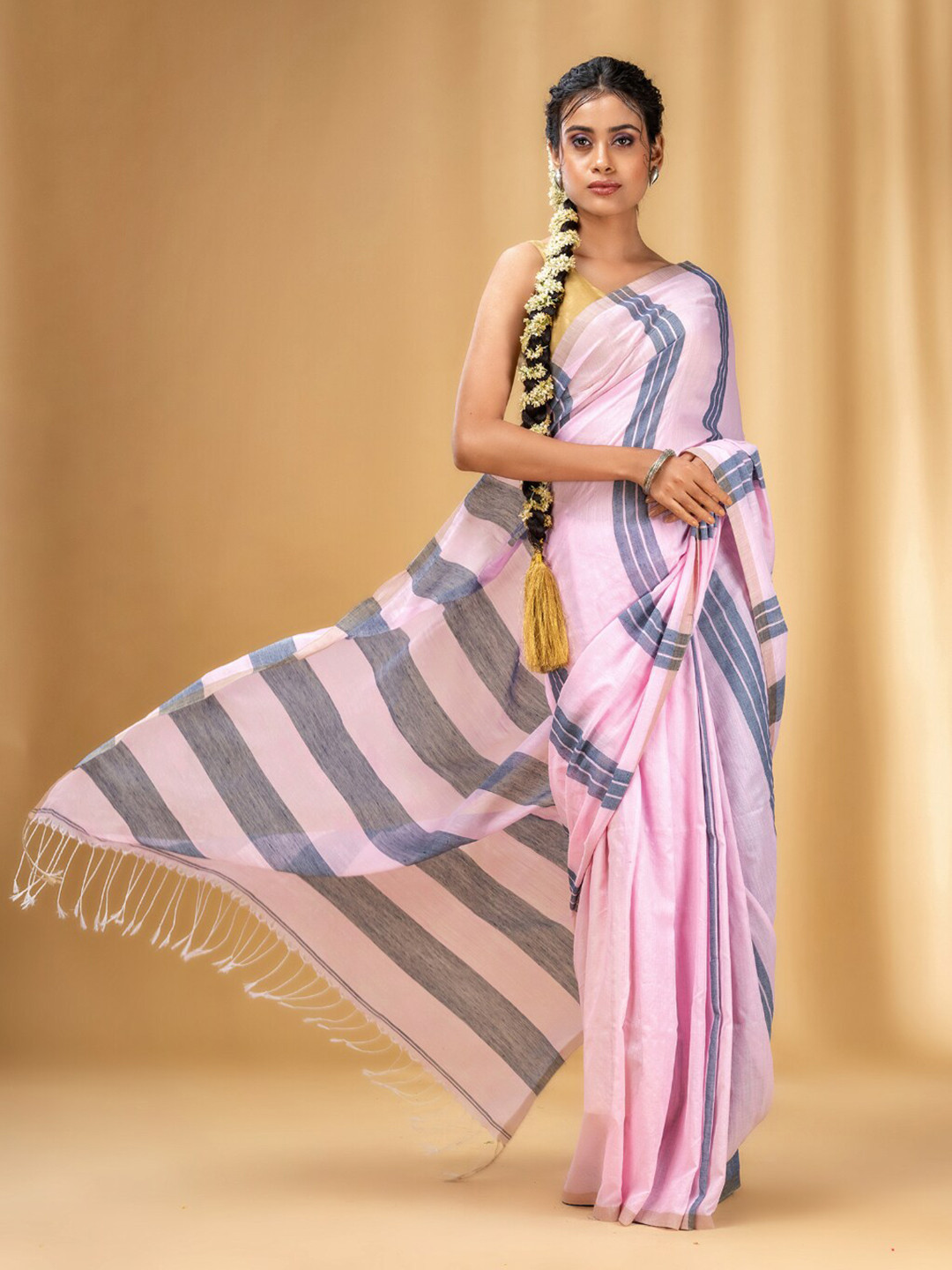 

Charukriti Pink & Grey Striped Pure Cotton Saree