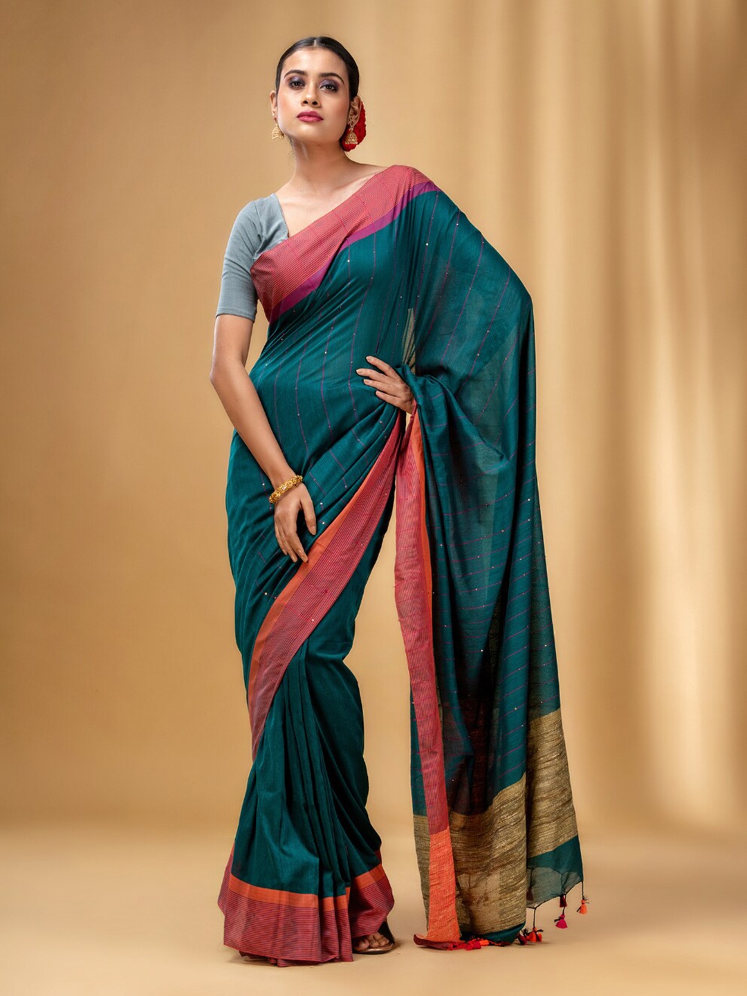 

Charukriti Striped Sequinned Pure Cotton Saree, Teal