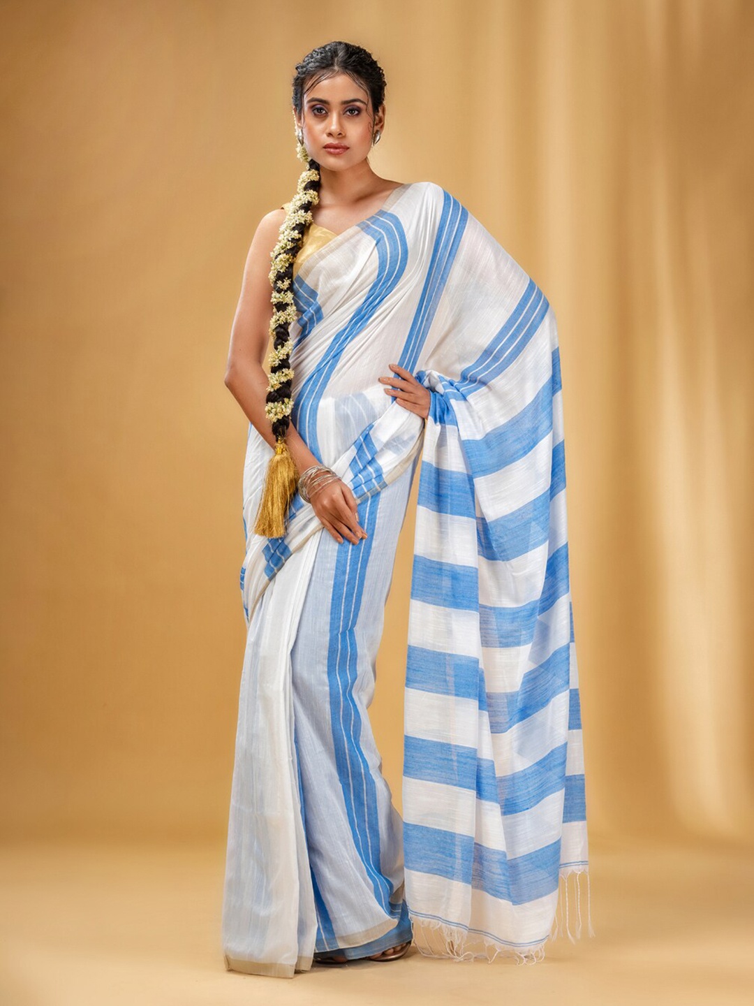 

Charukriti Striped Pure Cotton Saree, White