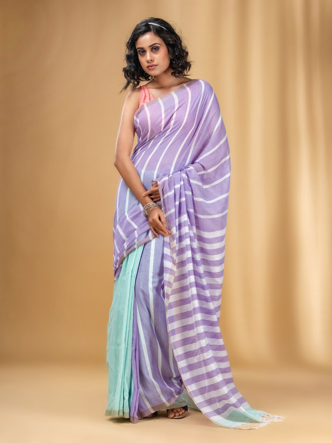 

Charukriti Striped Pure Cotton Saree, Violet