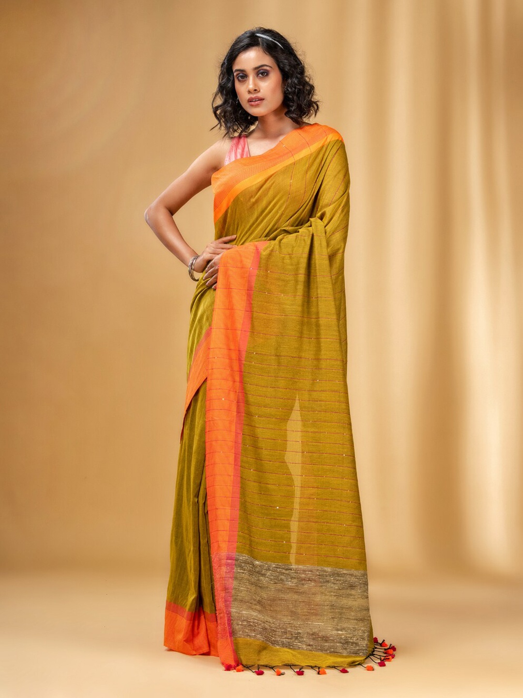 Charukriti Striped Sequinned Pure Cotton Saree, Mustard