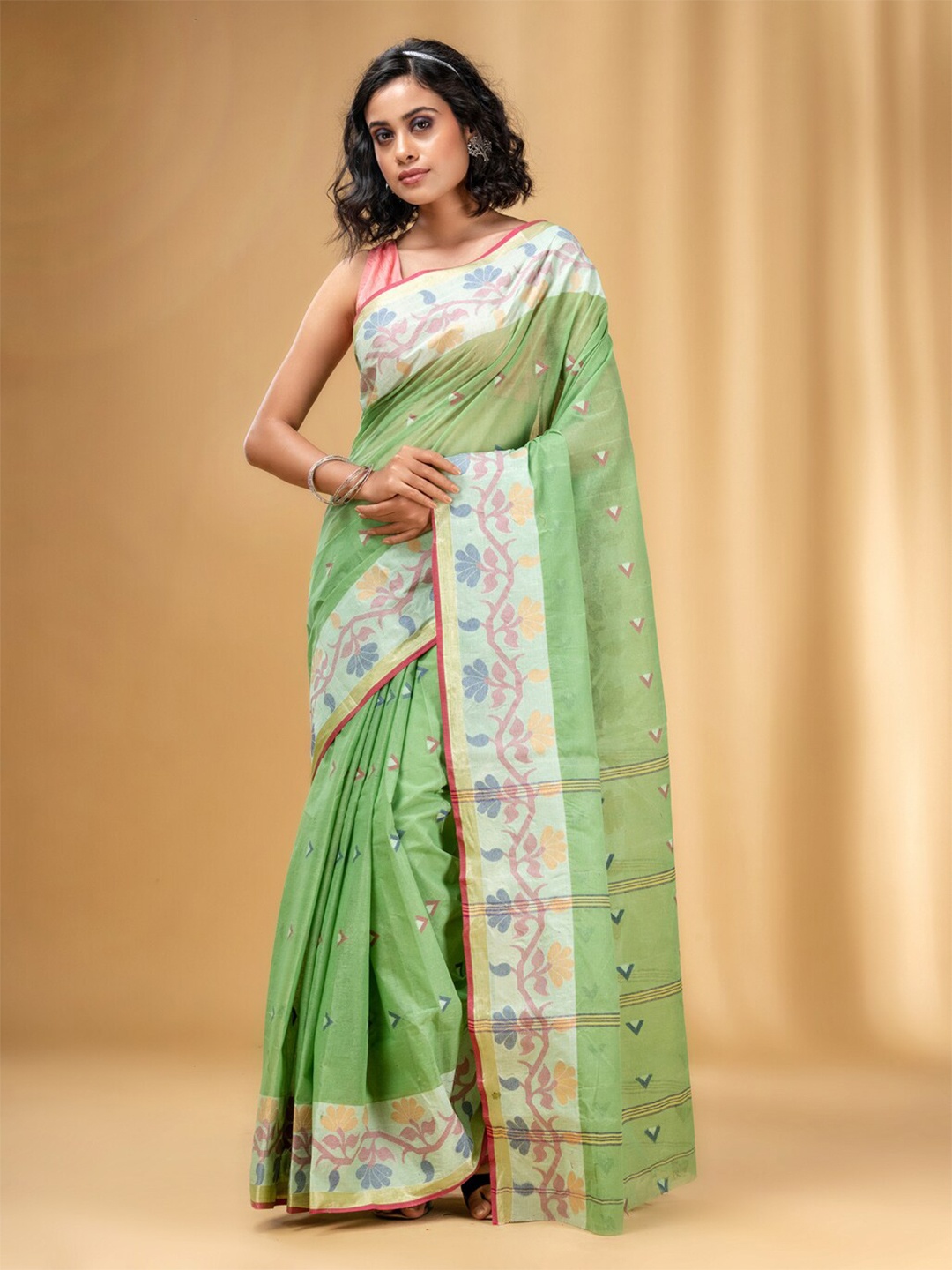 

Charukriti Woven Design Pure Cotton Taant Saree, Green
