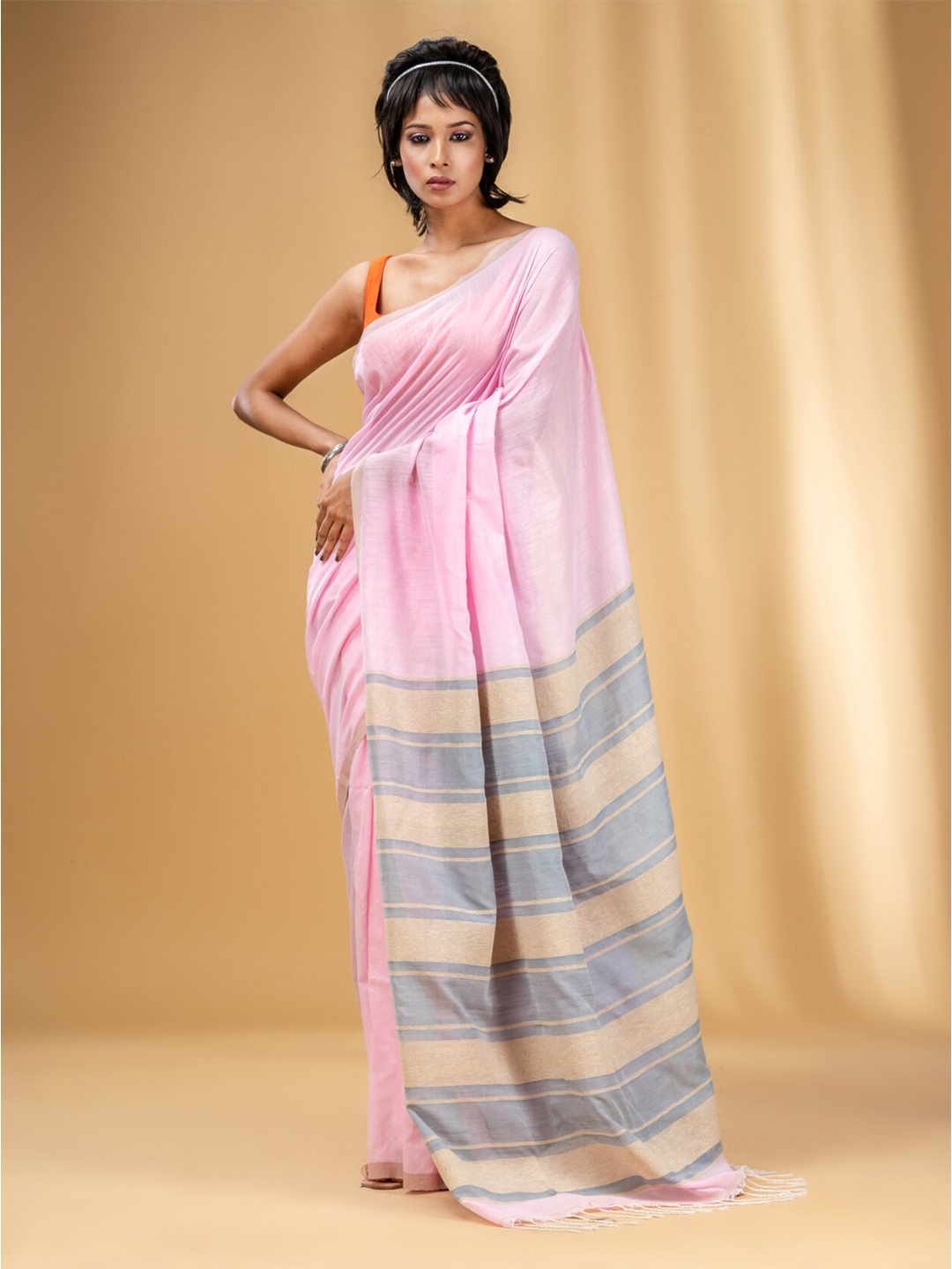 Charukriti Striped Pure Cotton Saree, Pink