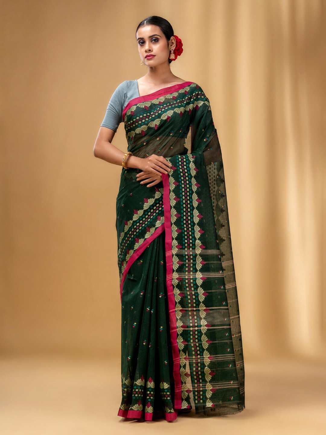 

Charukriti Ethnic Motifs Woven Design Zari Pure Cotton Taant Saree, Green