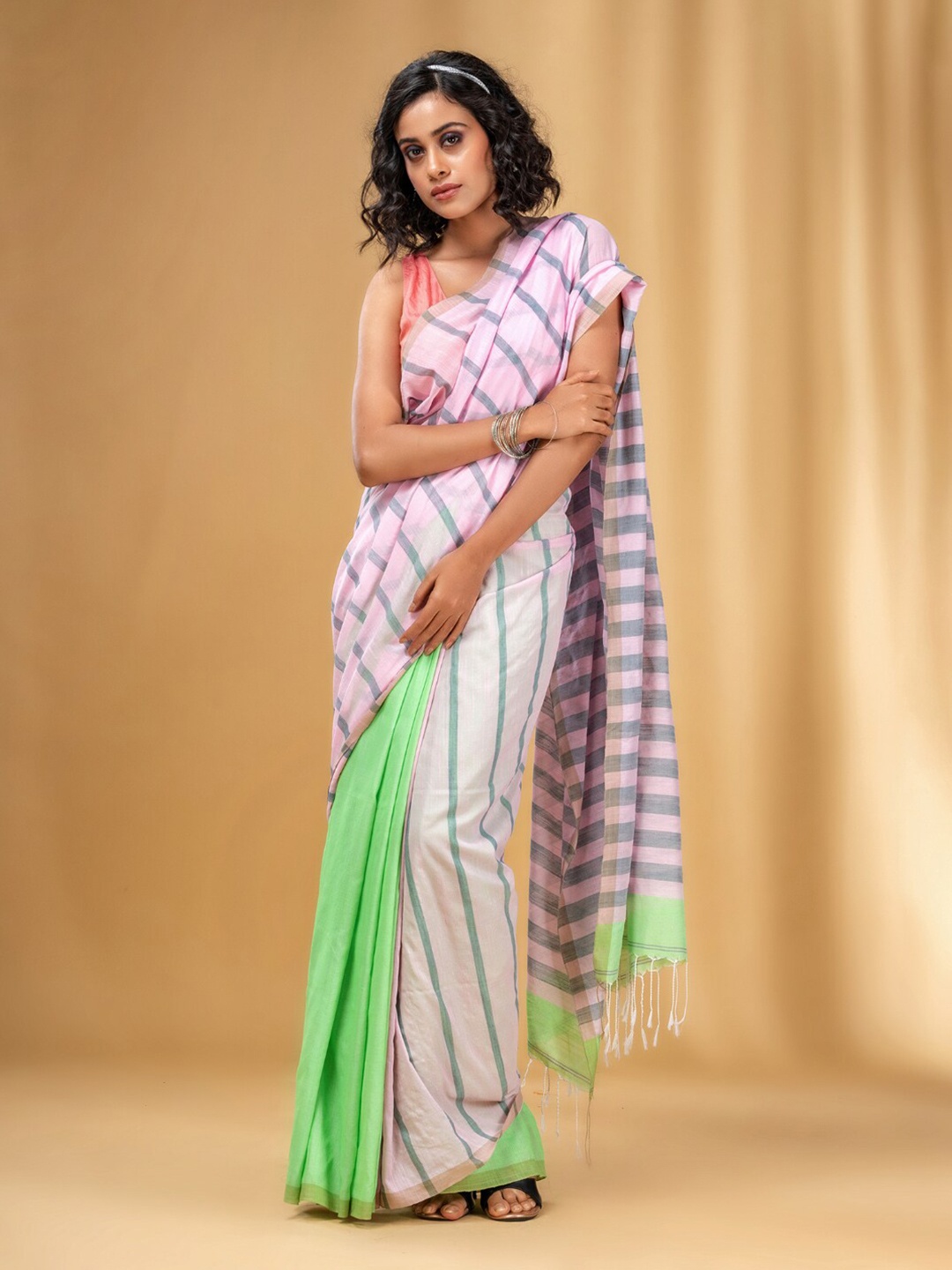 

Charukriti Striped Pure Cotton Half and Half Saree, Pink