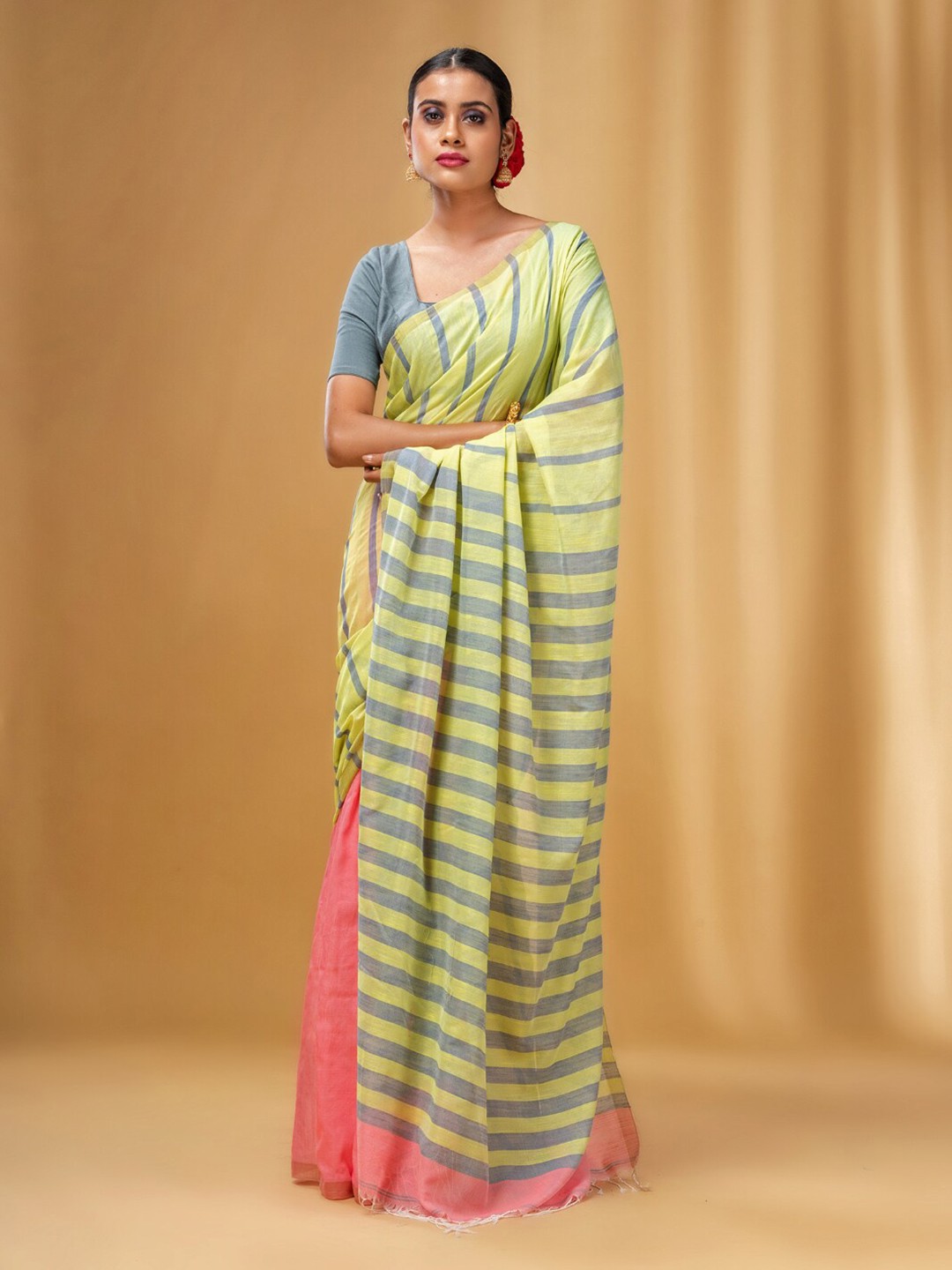 

Charukriti Striped Pure Cotton Saree, Yellow