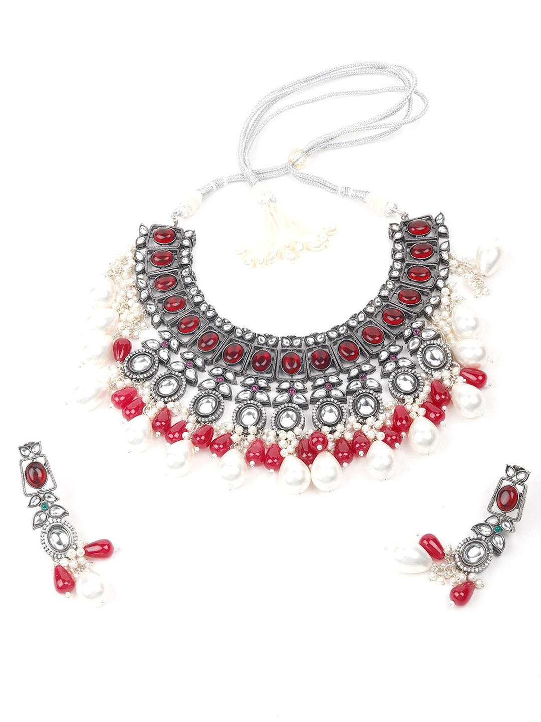 

ODETTE Silver-Plated Oxidised Stone Studded & Beaded Jewellery Set