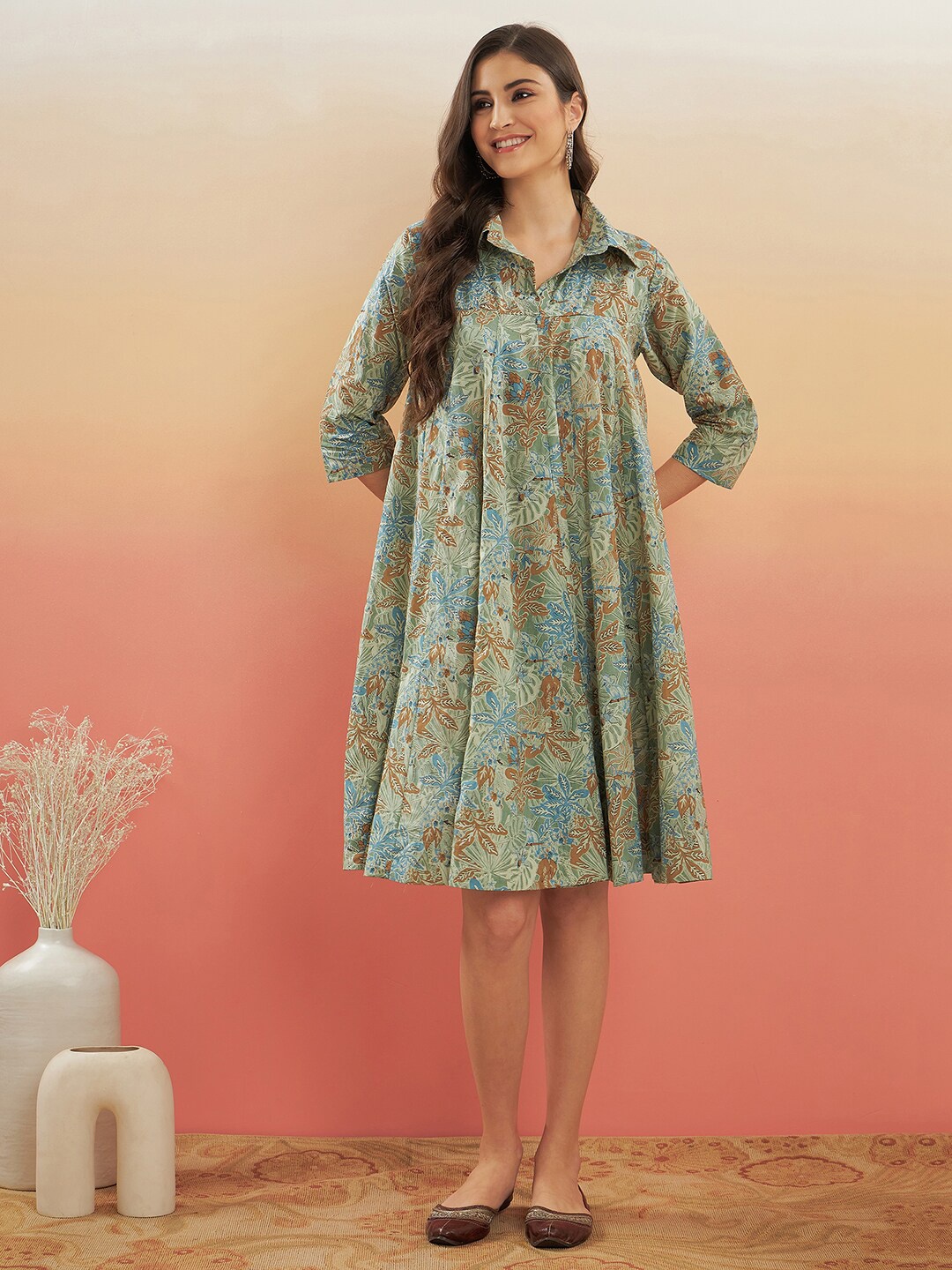 

InWeave Floral Printed Shirt Collar A-Line Dress, Green