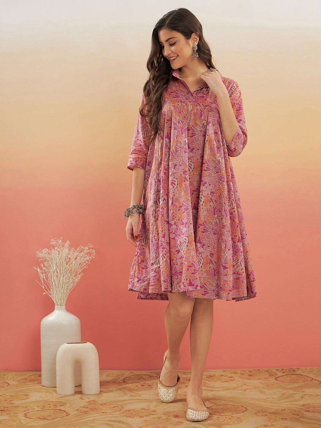 

InWeave Floral Printed Shirt Collar Gathered A-Line Dress, Pink