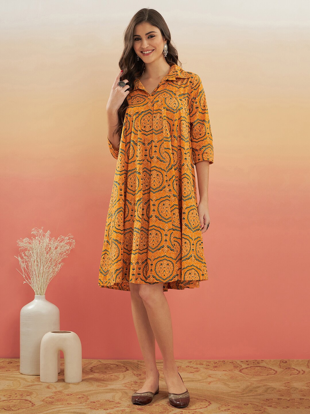 

InWeave Ethnic Motifs Printed Shirt Collar A-Line Dress, Yellow