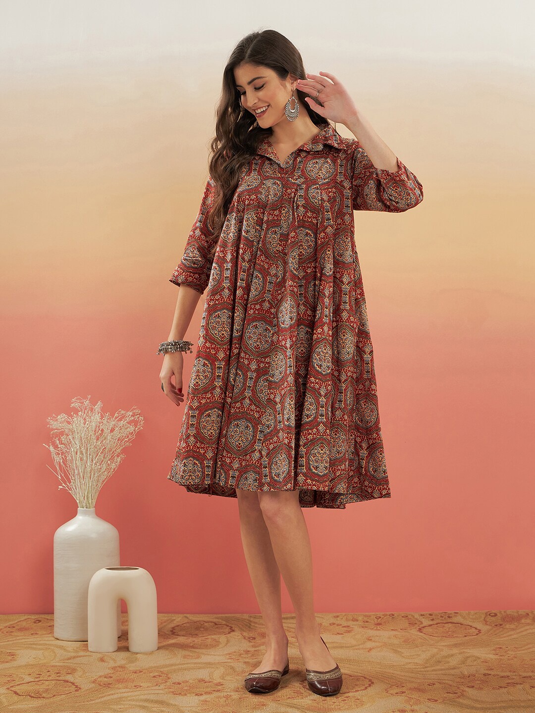 

InWeave Ethnic Motifs Printed Shirt Collar A-Line Dress, Maroon