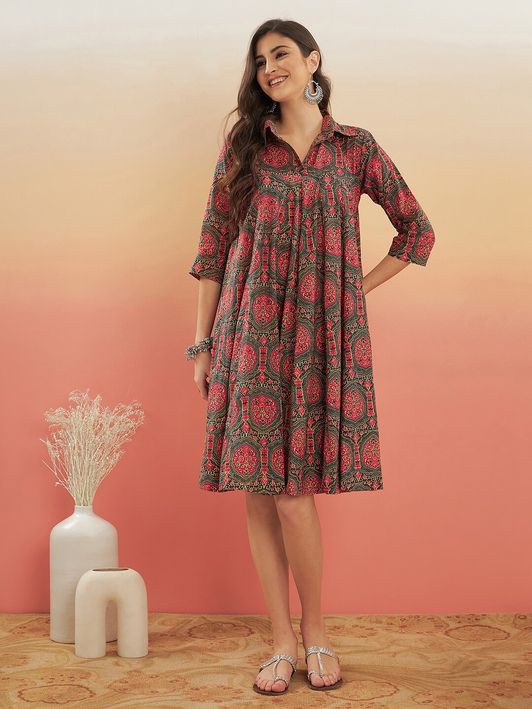 

InWeave Ethnic Motifs Printed Shirt Collar Gathered A-Line Dress, Green