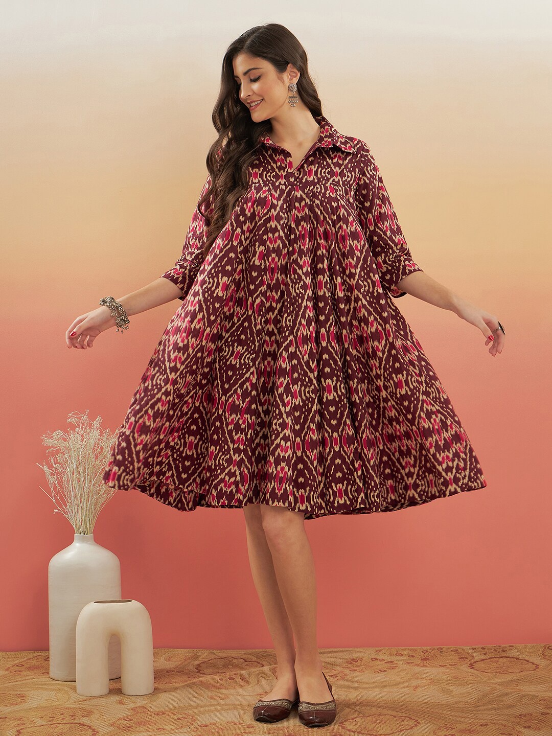 

InWeave Ethnic Motifs Printed Shirt Collar Gather A-Line Dress, Burgundy