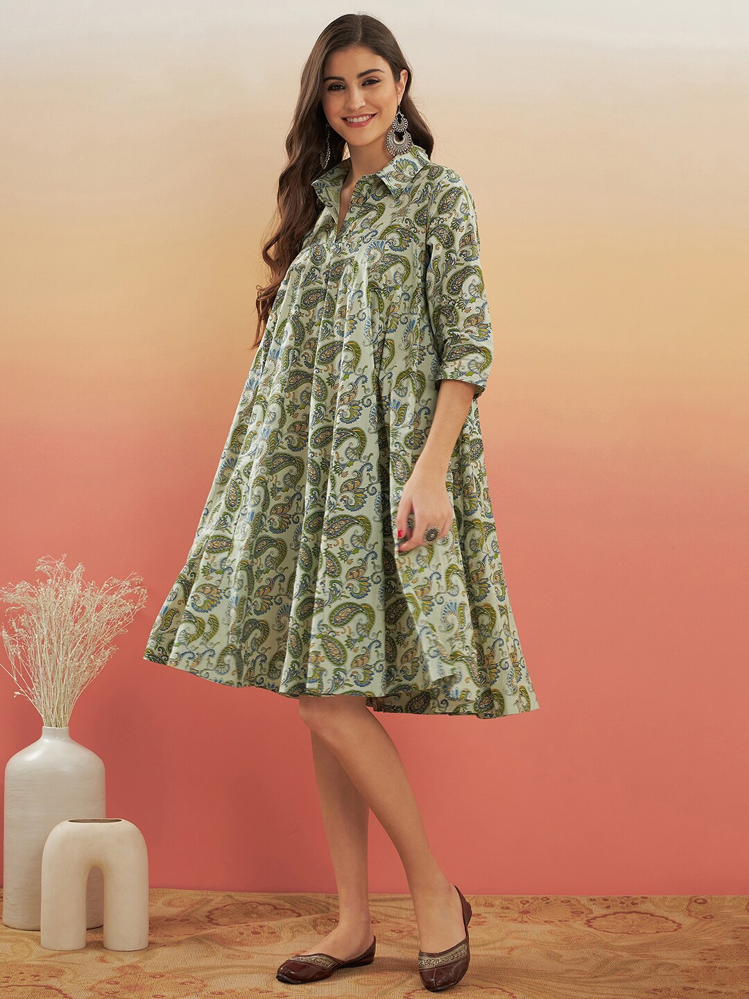 

InWeave Ethnic Motifs Printed Shirt Collar A-Line Dress, Green
