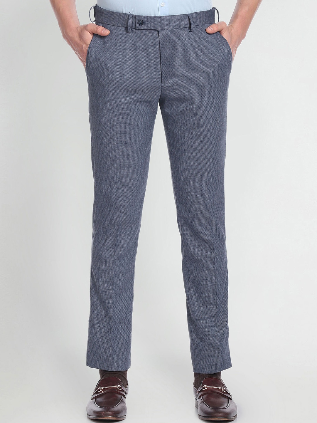

Arrow Men Mid-Rise Patterned Dobby Autoflex Trousers, Blue