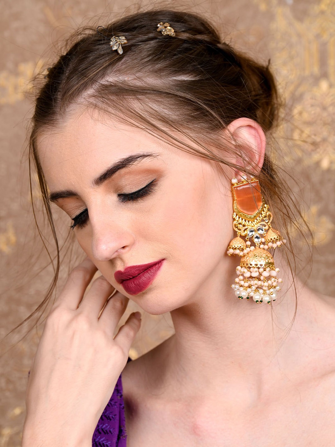 

ODETTE Gold-Plated Beaded Dome Shaped Jhumkas