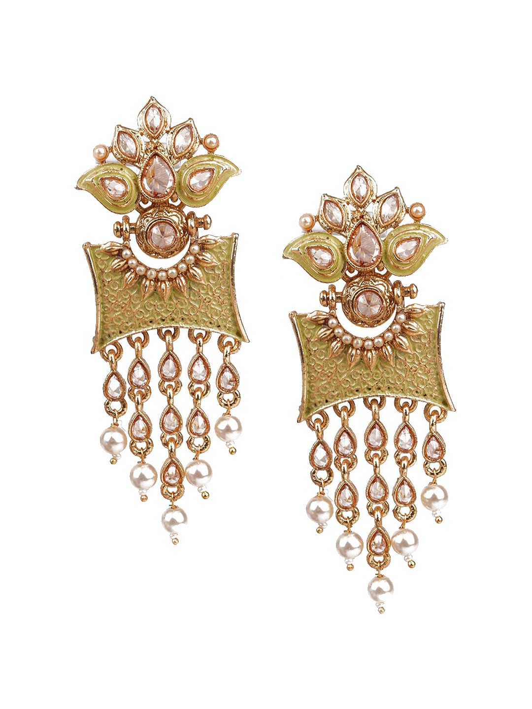 

ODETTE Gold-Plated Contemporary Kundan Studded & Beaded Drop Earrings