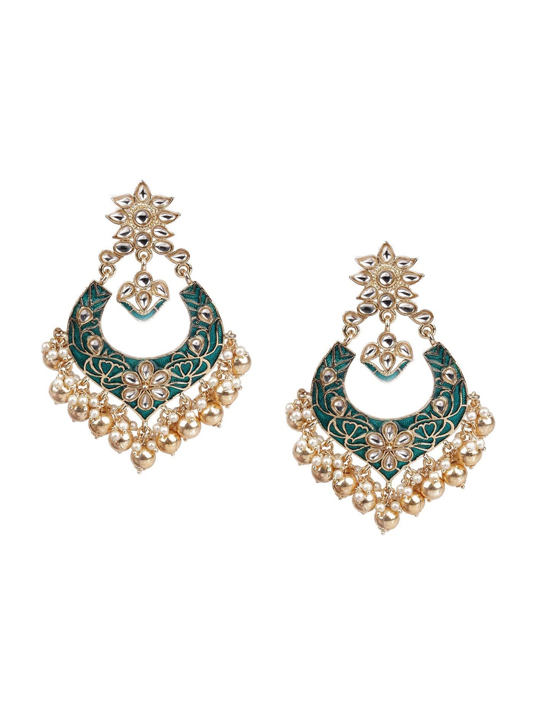 

ODETTE Gold-Plated Contemporary Kundan Studded & Beaded Chandbalis