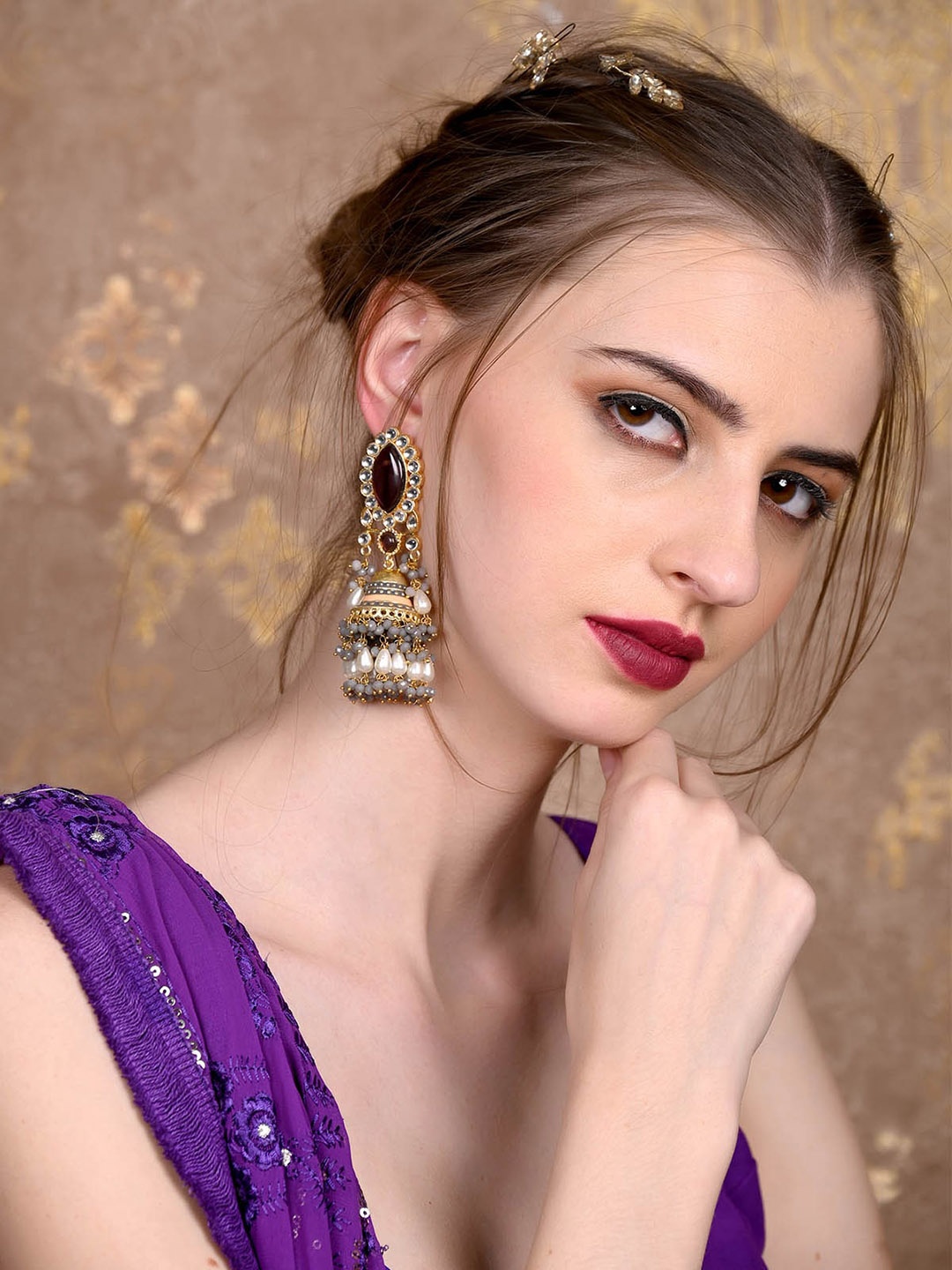 

ODETTE Gold-Plated Contemporary Beaded Jhumkas Earrings, Purple