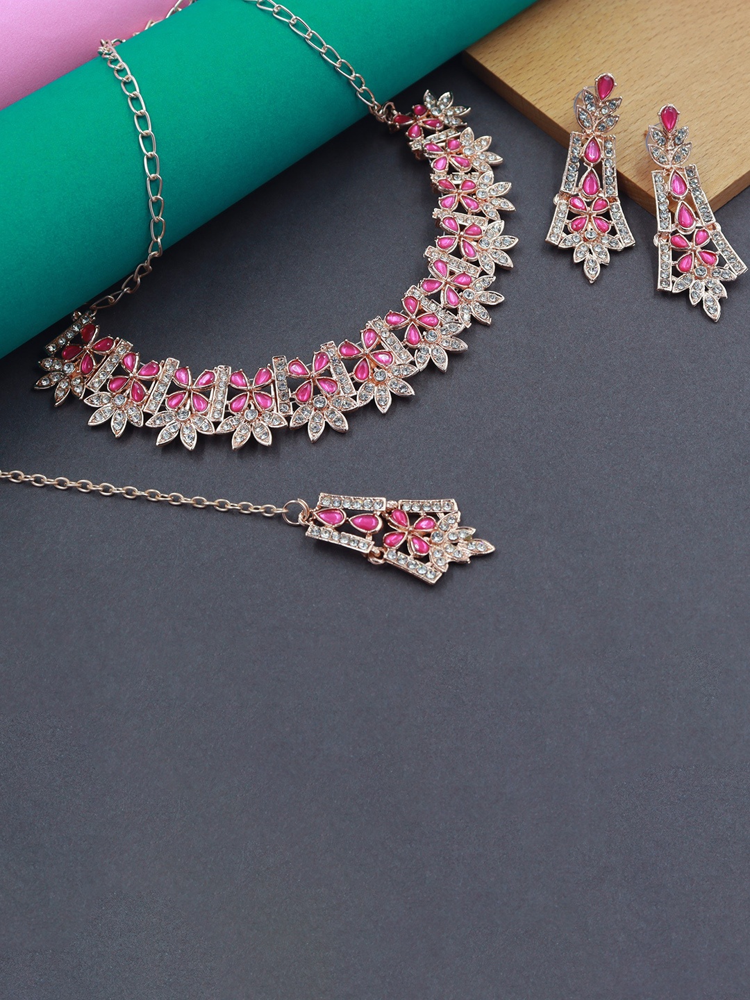 

Rhymee Rose Gold-Plated AD Stone-Studded Choker Necklace With Earrings & With Maang Tika