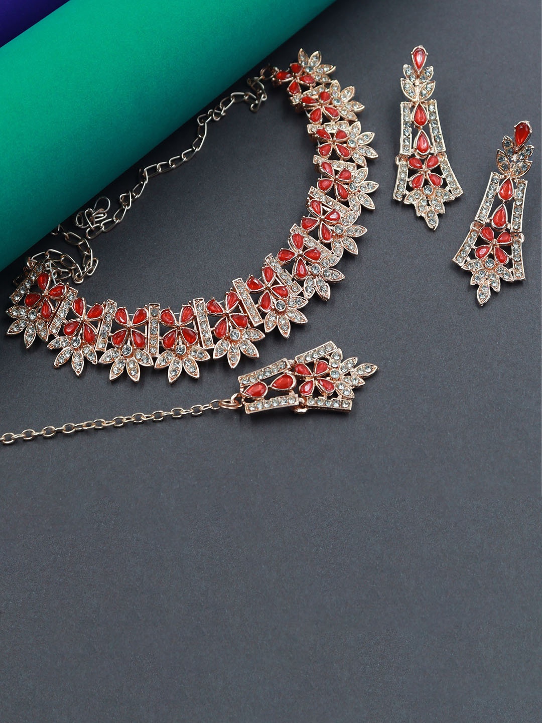 

Rhymee Rose Gold-Plated AD Stone-Studded Choker Necklace With Earrings & With Maang Tika