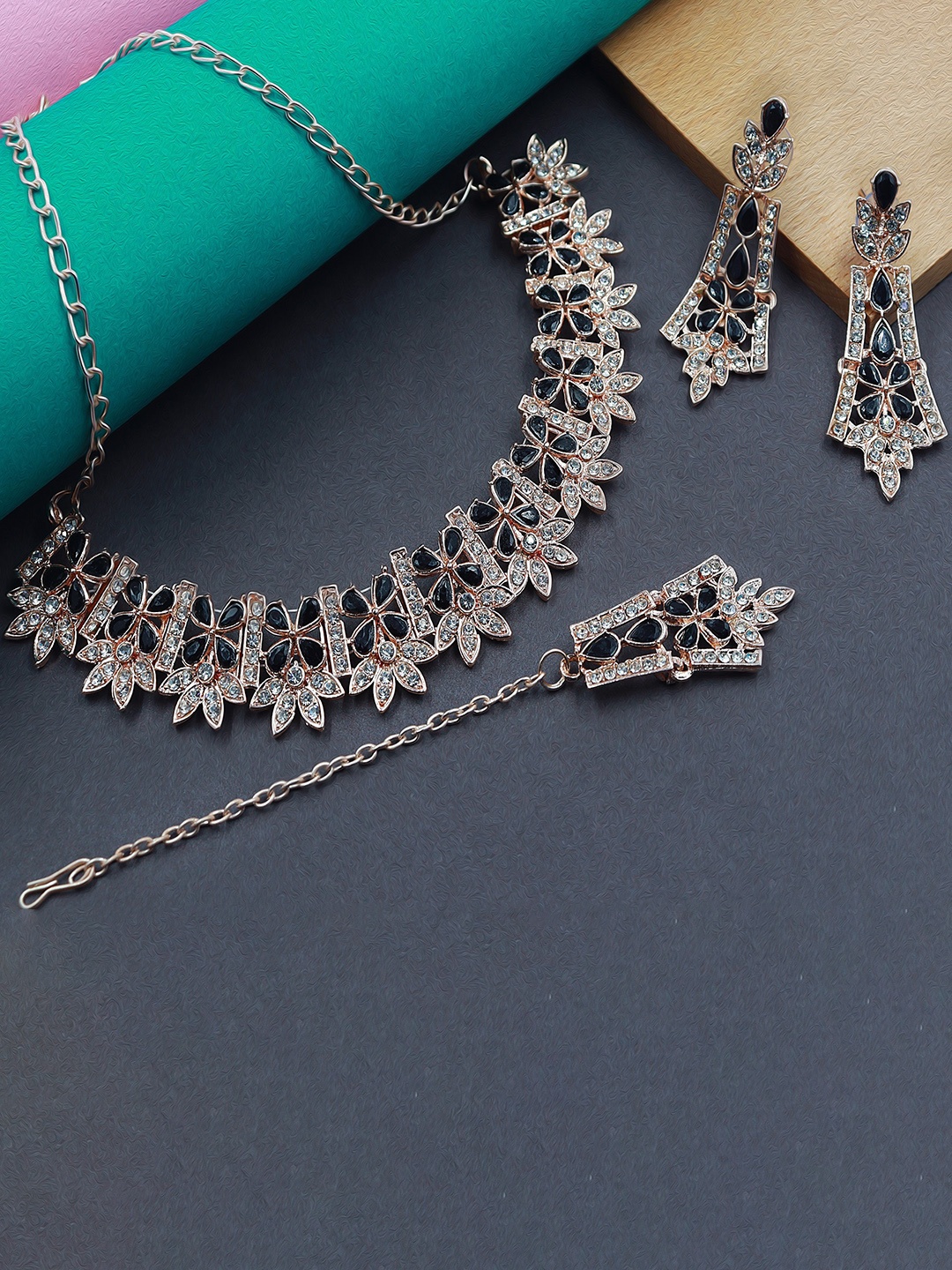 

Rhymee Rose Gold-Plated AD Stone-Studded Choker Necklace With Earrings & With Maang Tika