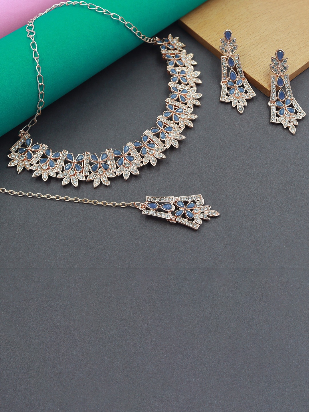 

Rhymee Rose Gold-Plated Stone-Studded Choker Necklace With Earrings & With Maang Tika