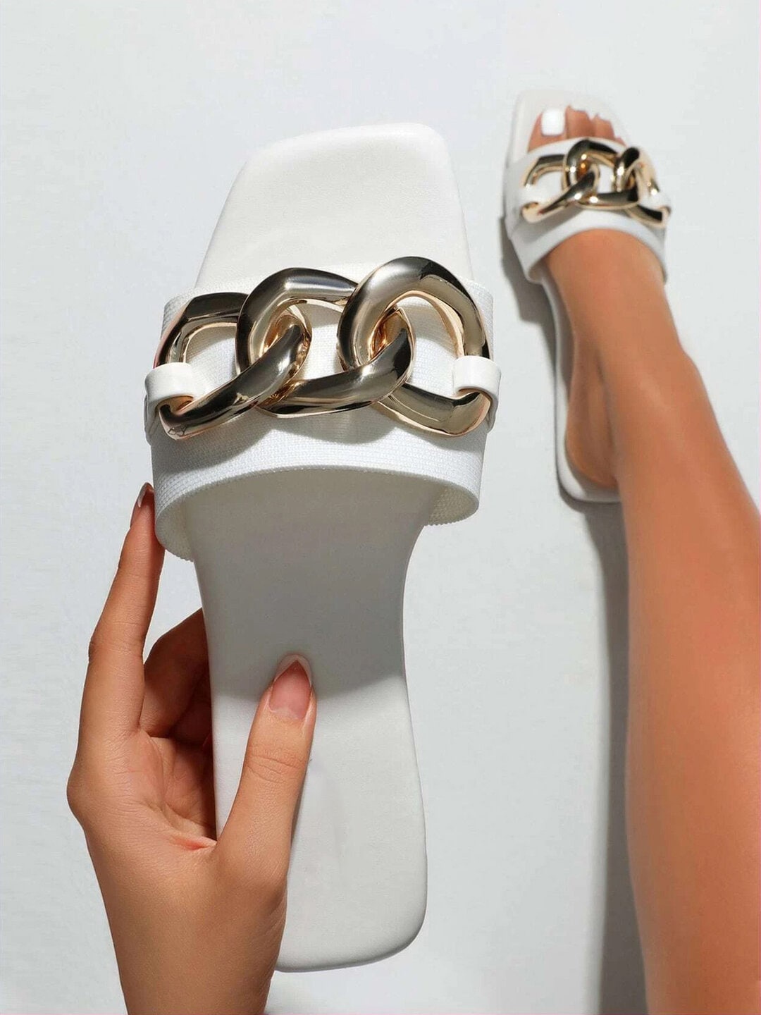 

HASTEN Embellished Open Toe Flats, White