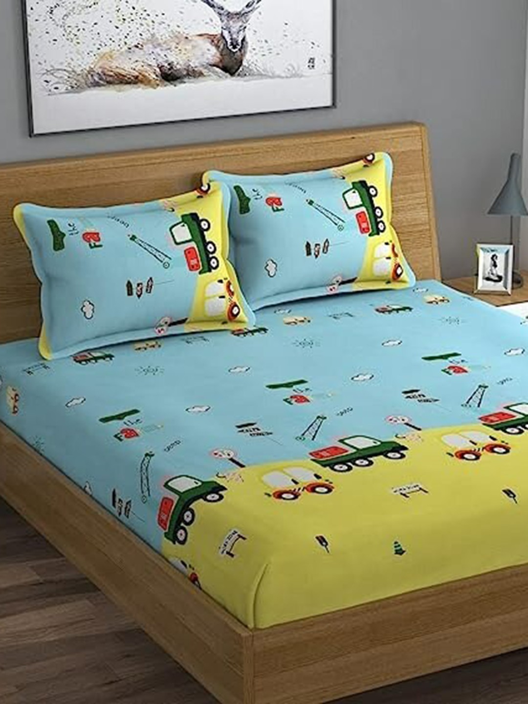 

Home SizzlerBlue&Green Cartoon Characters Microfibre144TC King1Bedsheet with2Pillow Covers, Blue