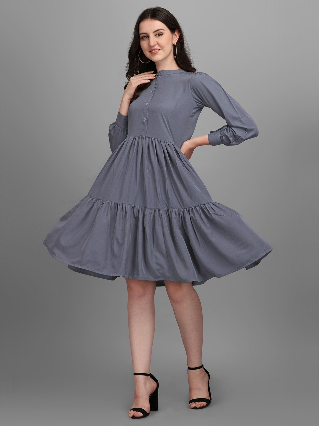 

Kinjo Mandarin Collar Puff Sleeves Tiered Fit & Flare Dress, Grey