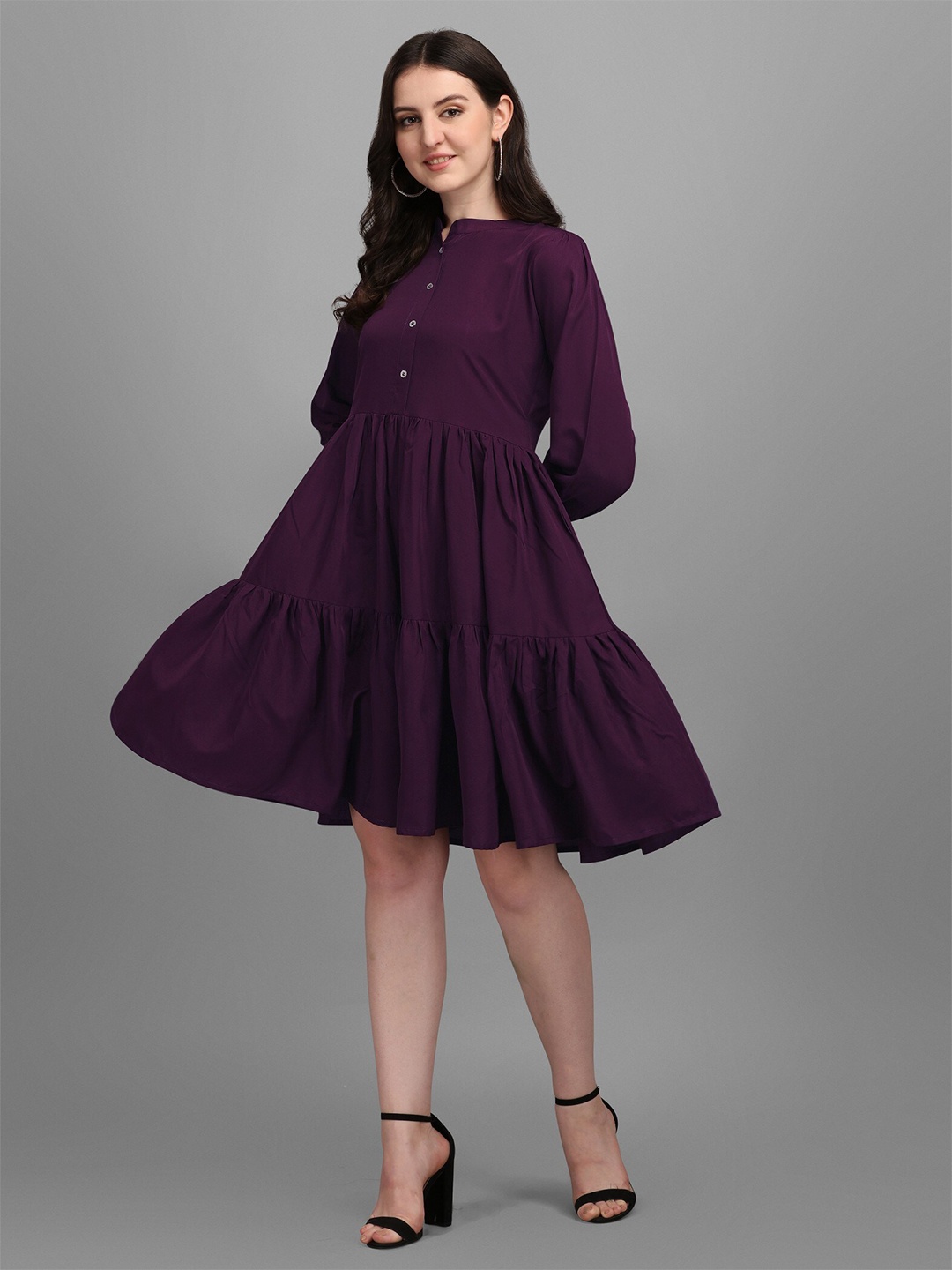 Kinjo Mandarin Collar Fit & Flare Dress, Purple