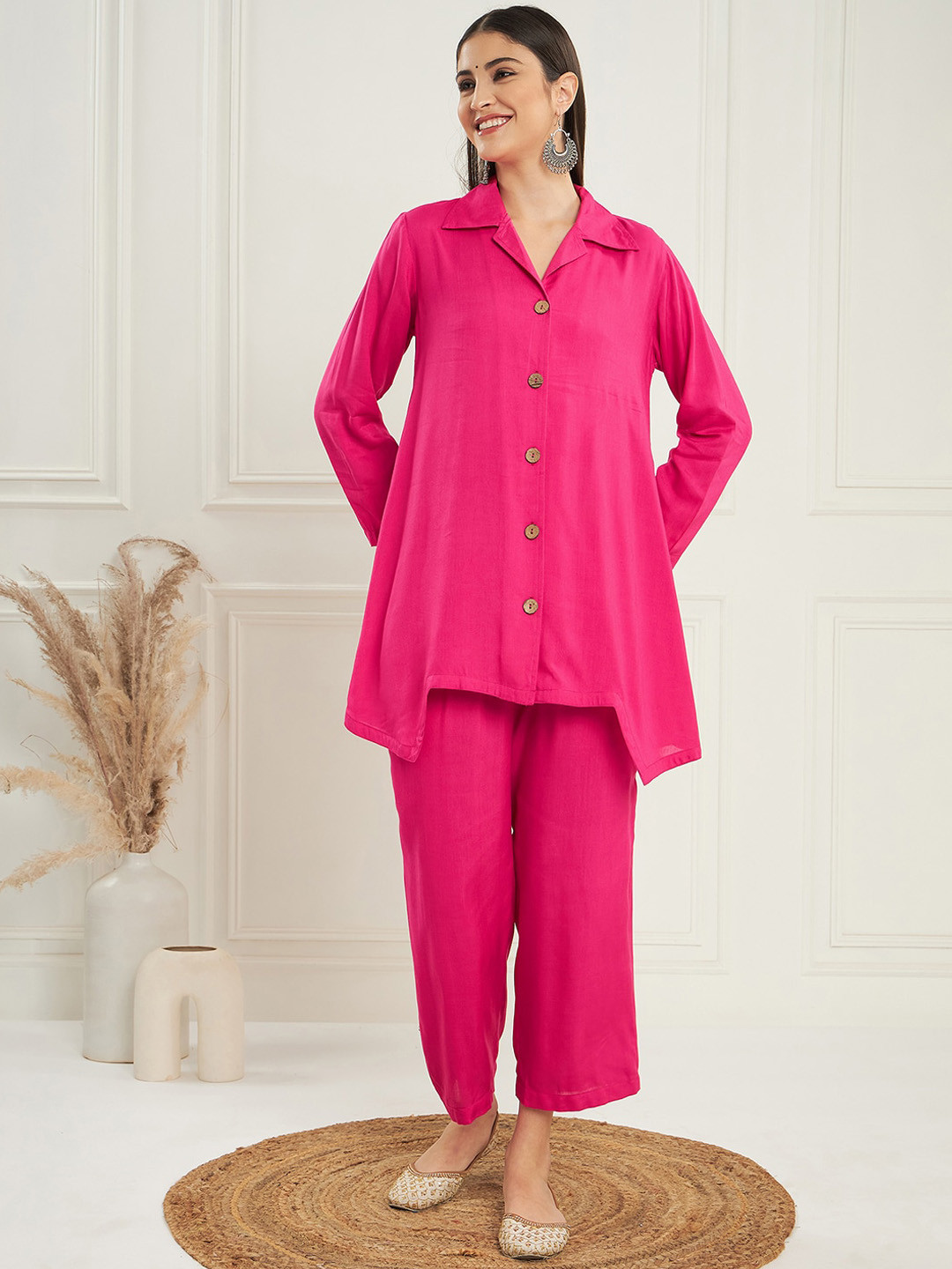 

InWeave Notched Lapel Collar Top With Trousers, Fuchsia
