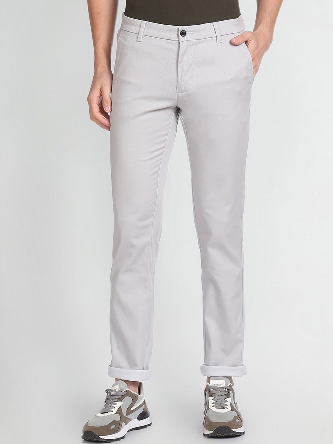 

Arrow Sport Low-Rise Slim Fit Plain Cotton Chinos Trousers, Grey