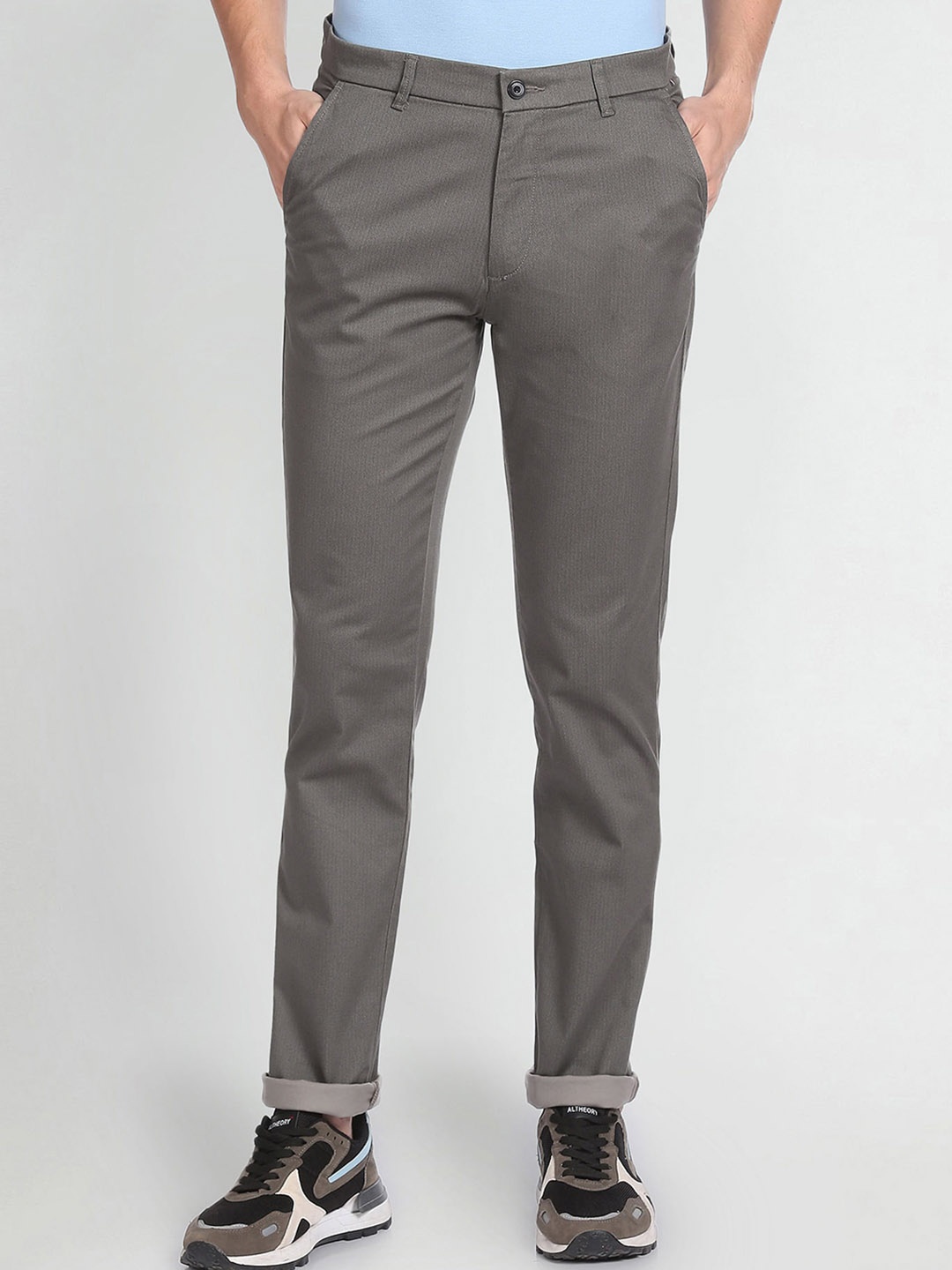 

Arrow Sport Men Skinny Fit Mi-Rise Cotton Trousers, Grey