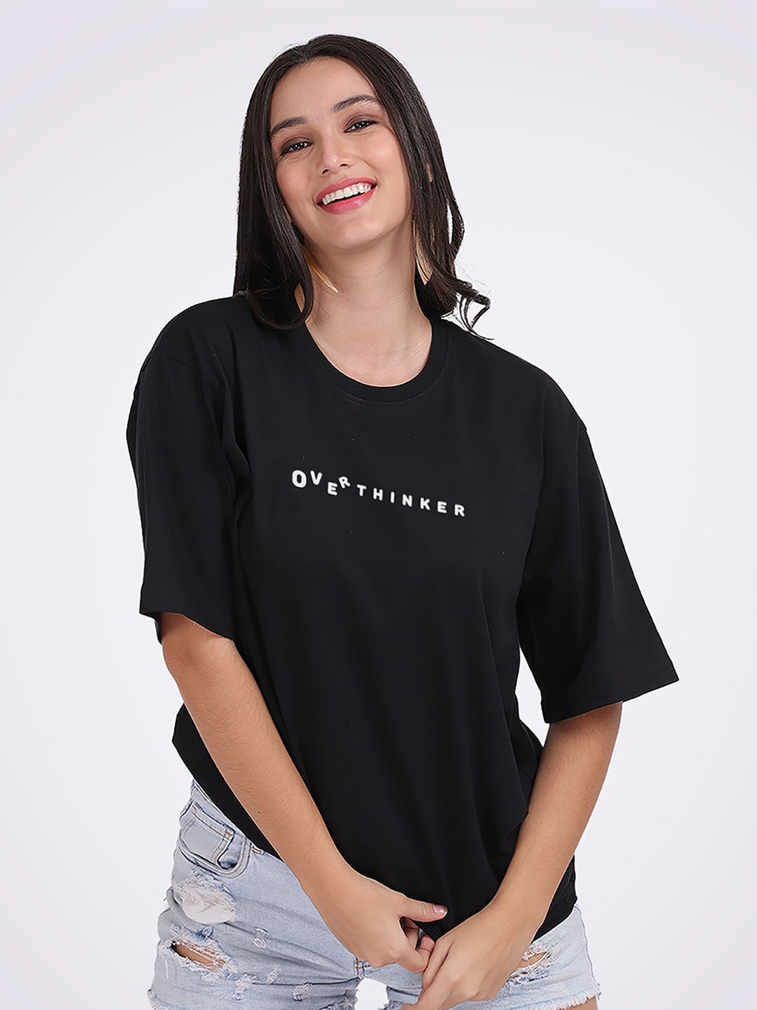 

Mad Over Print Typography Printed Oversized Cotton T-Shirt, Black