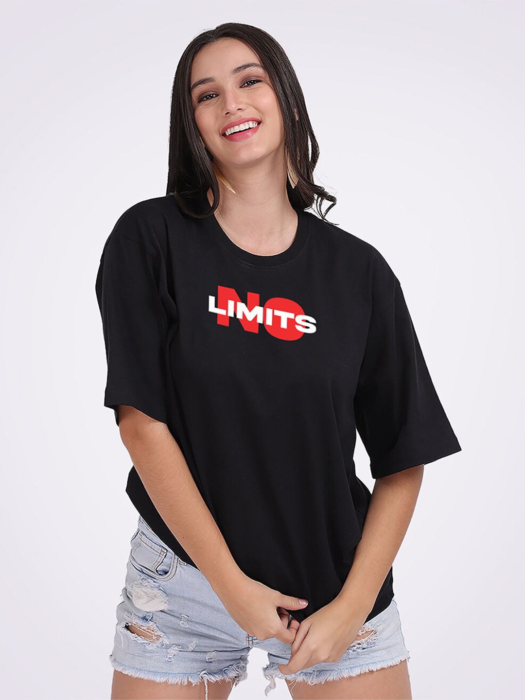 

Mad Over Print Typography Printed Drop-Shoulder Sleeves Oversized Cotton T-shirt, Black
