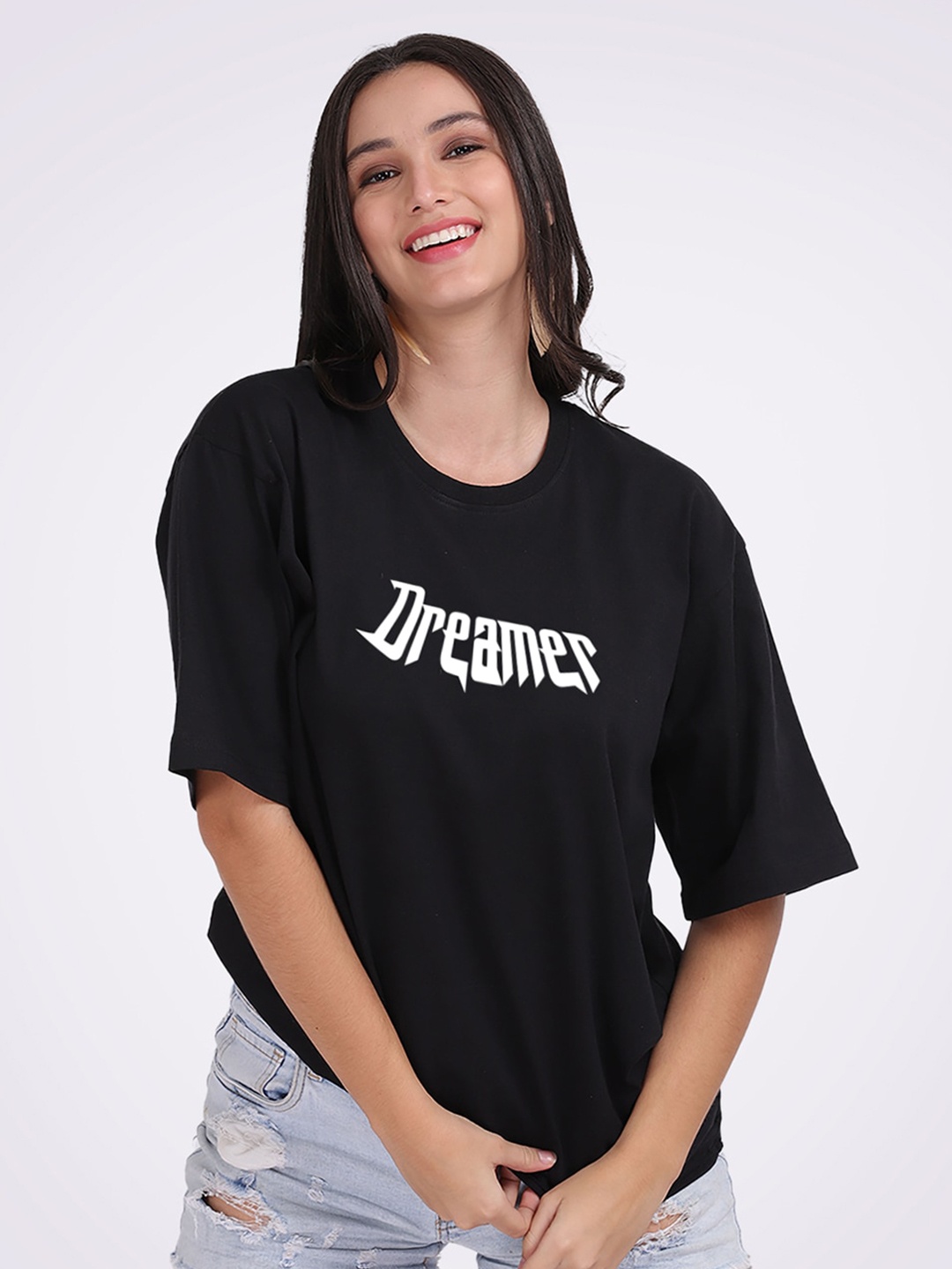 Mad Over Print Typography Printed Oversized Cotton T-shirt, Black