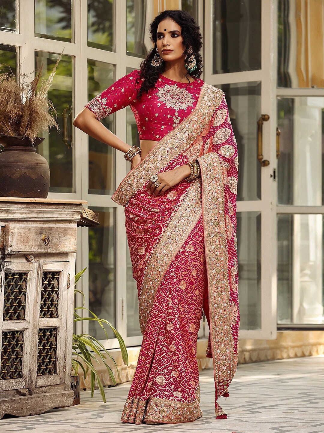 

Angroop Bandhani Woven Design Embroidered Banarasi Saree, Pink