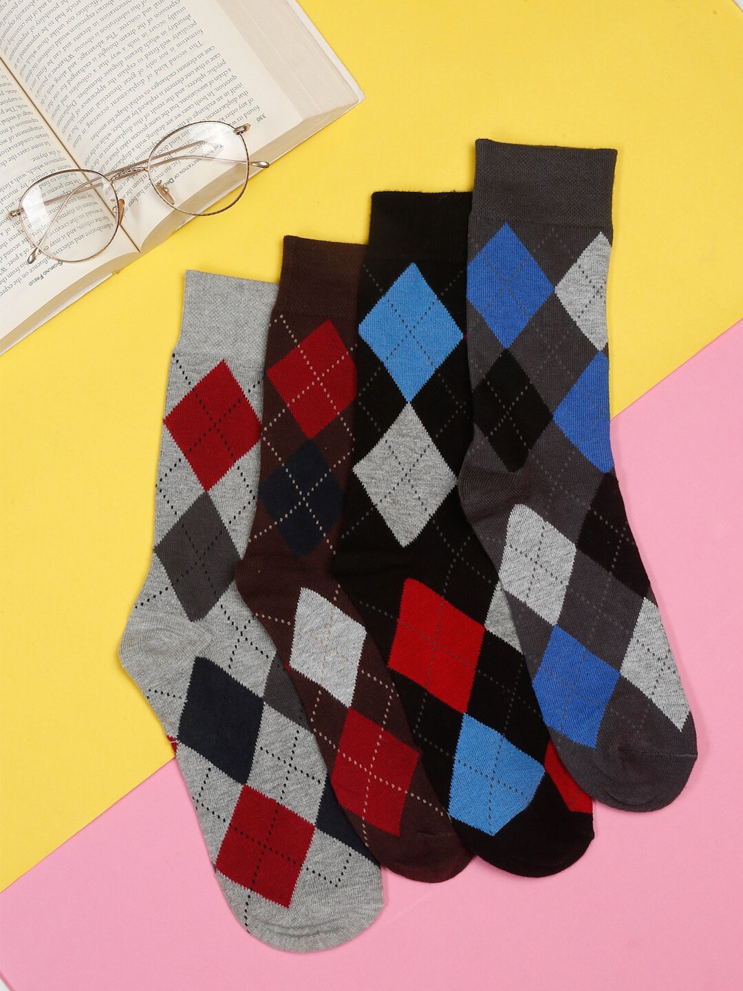 

MUTAQINOTI Men Pack Of 4 Checked Calf-Length Socks, Black