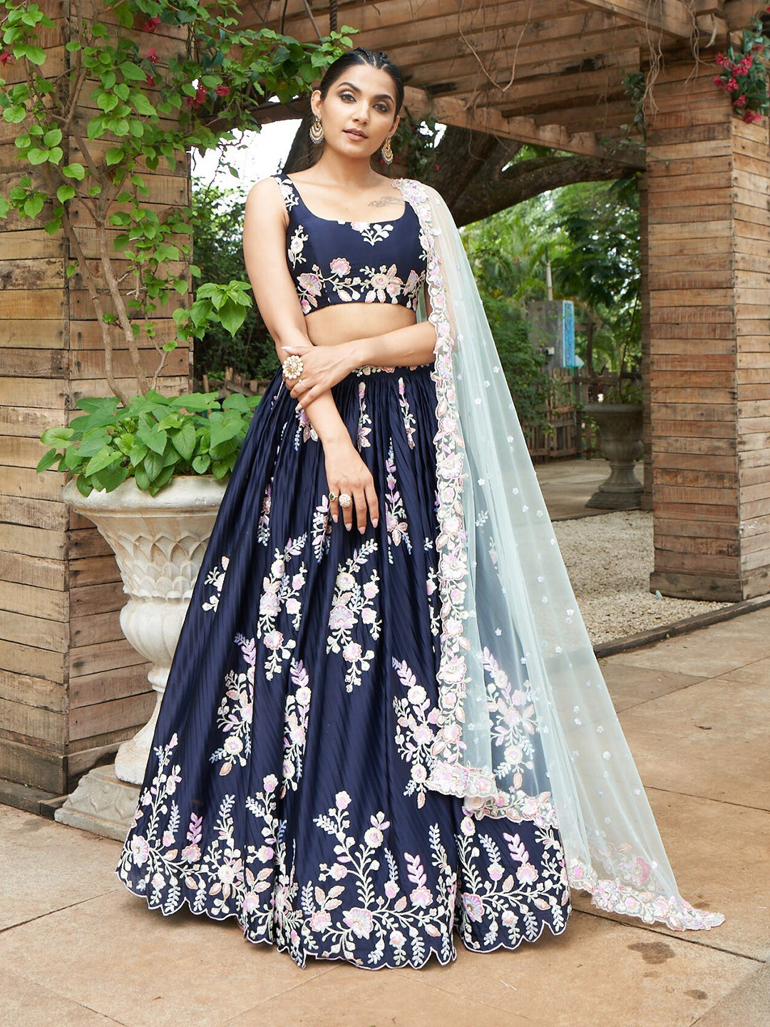 

panchhi Embroidered Thread Work Semi-Stitched Lehenga & Unstitched Blouse with Dupatta, Navy blue