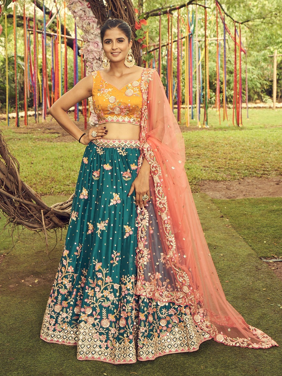 

panchhi Embroidered Sequinned Semi-Stitched Lehenga & Unstitched Blouse with Dupatta, Teal
