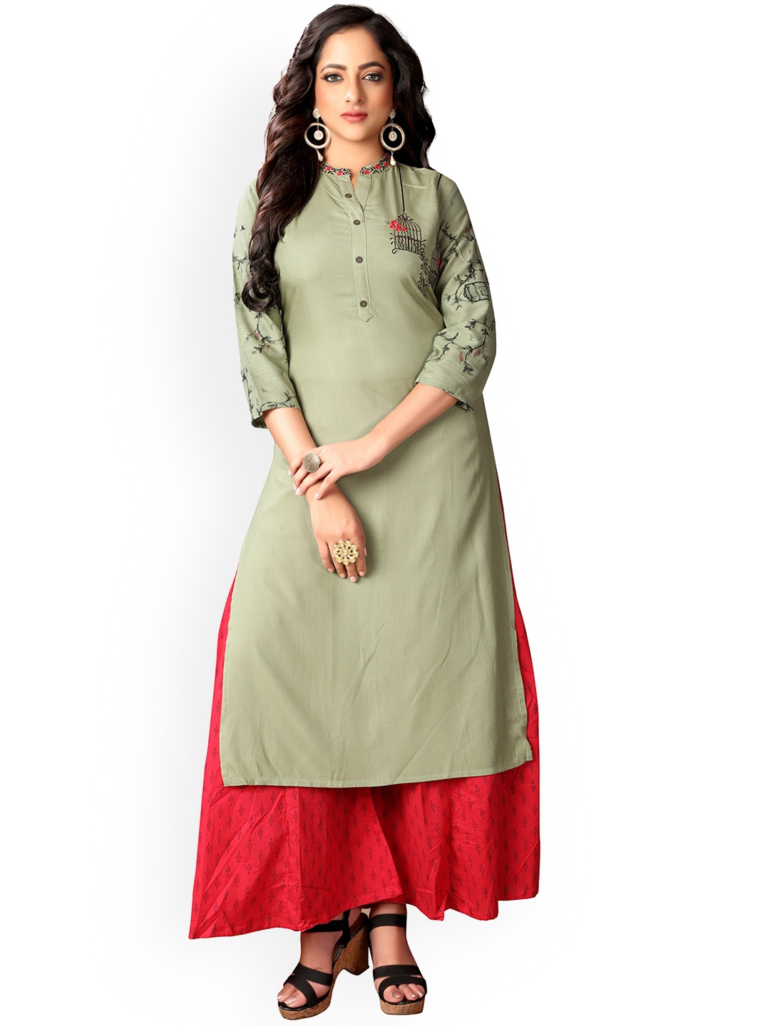 

KALINI Mandarin Collar Thread Work Earthy Straight Kurta, Olive