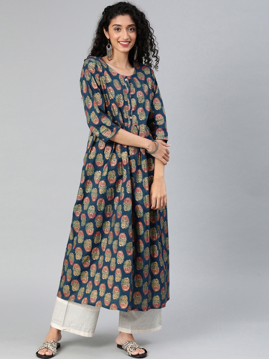 

KALINI Ethnic Motifs Printed Pleated A-Line Kurta, Navy blue