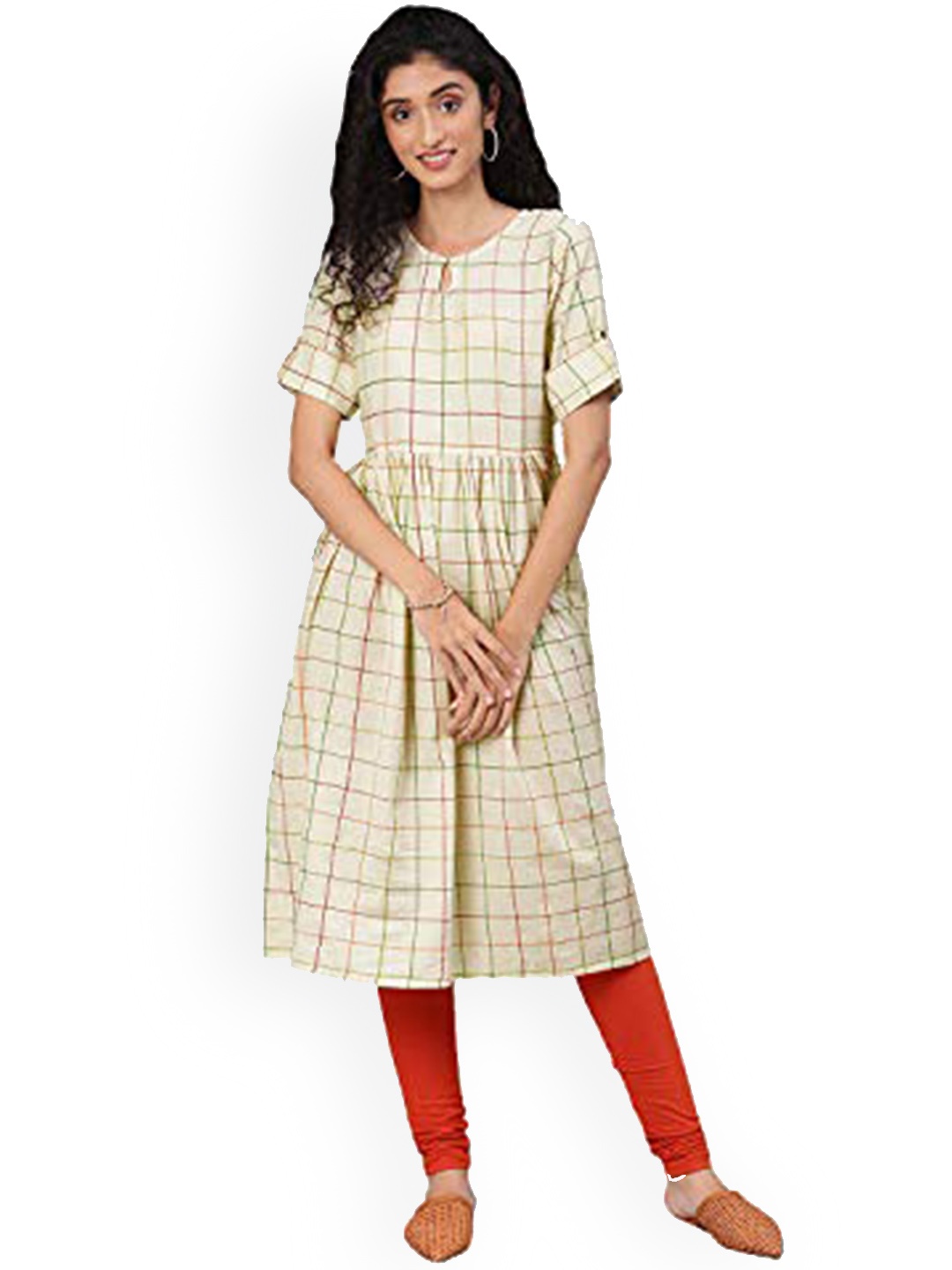 

KALINI Checked Keyhole Neck A-line Kurta, Beige