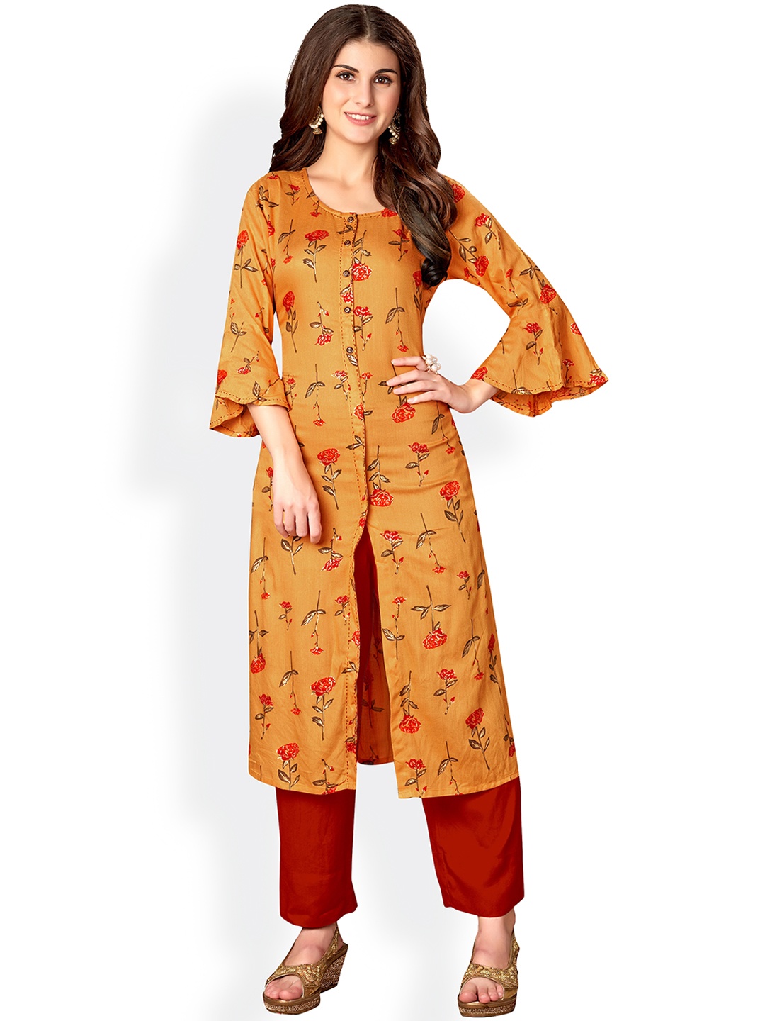 

KALINI Floral Printed Regular High Slit Kurta, Mustard