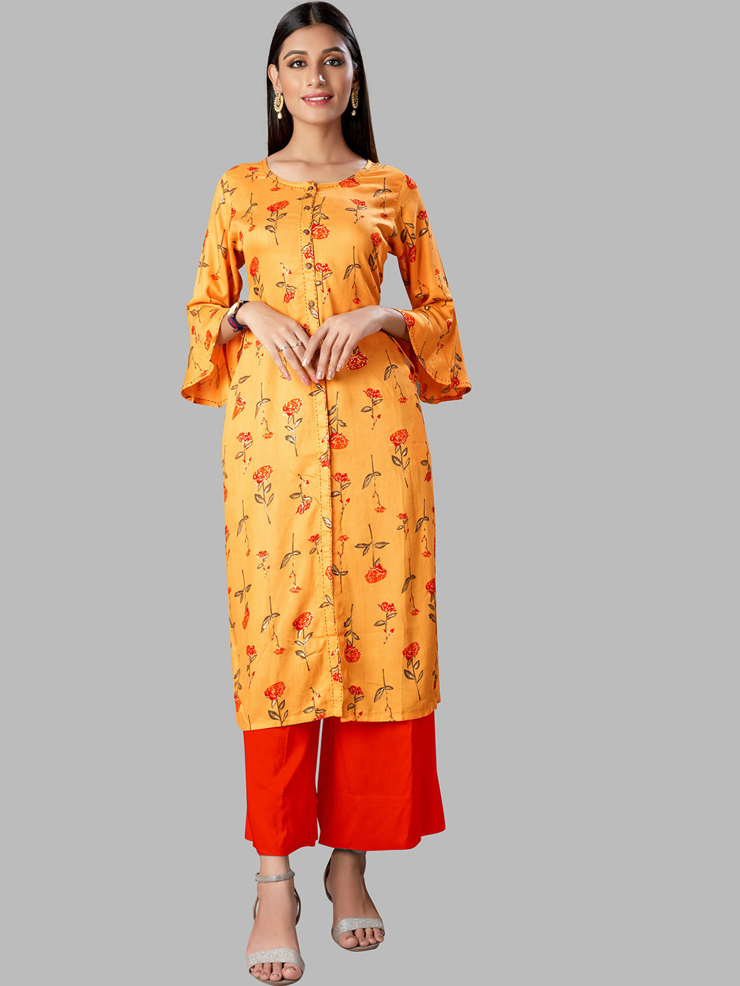 

KALINI Floral Printed Flared Sleeves Regular High Slit Kurta, Mustard