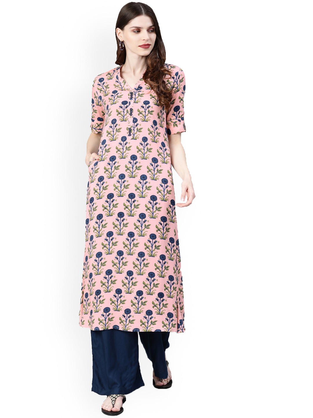 

KALINI Floral Printed V-Neck Thread Work Pastel Straight Kurta, Pink
