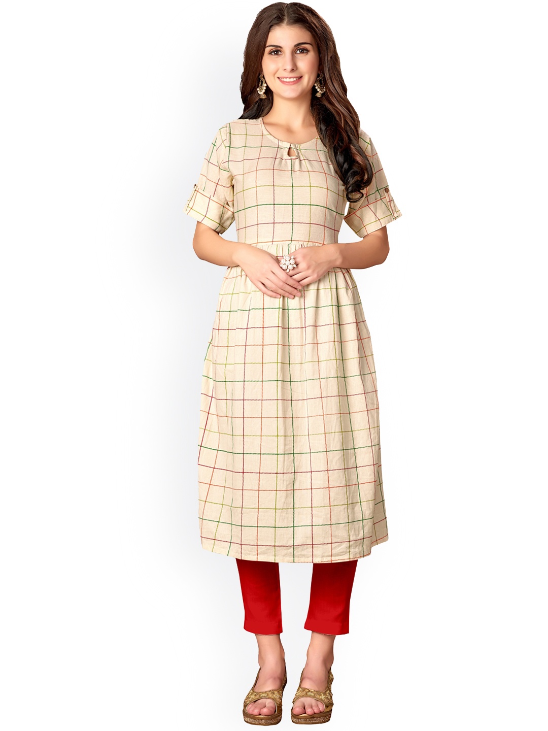 

KALINI Checked Keyhole Neck A-Line Kurta, Beige