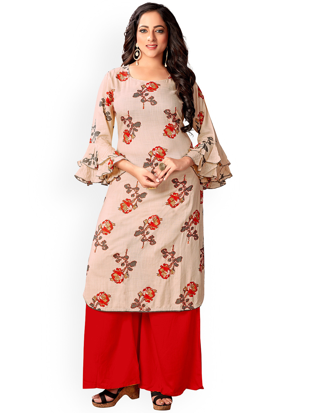 

KALINI Floral Printed A-Line Kurta, Beige