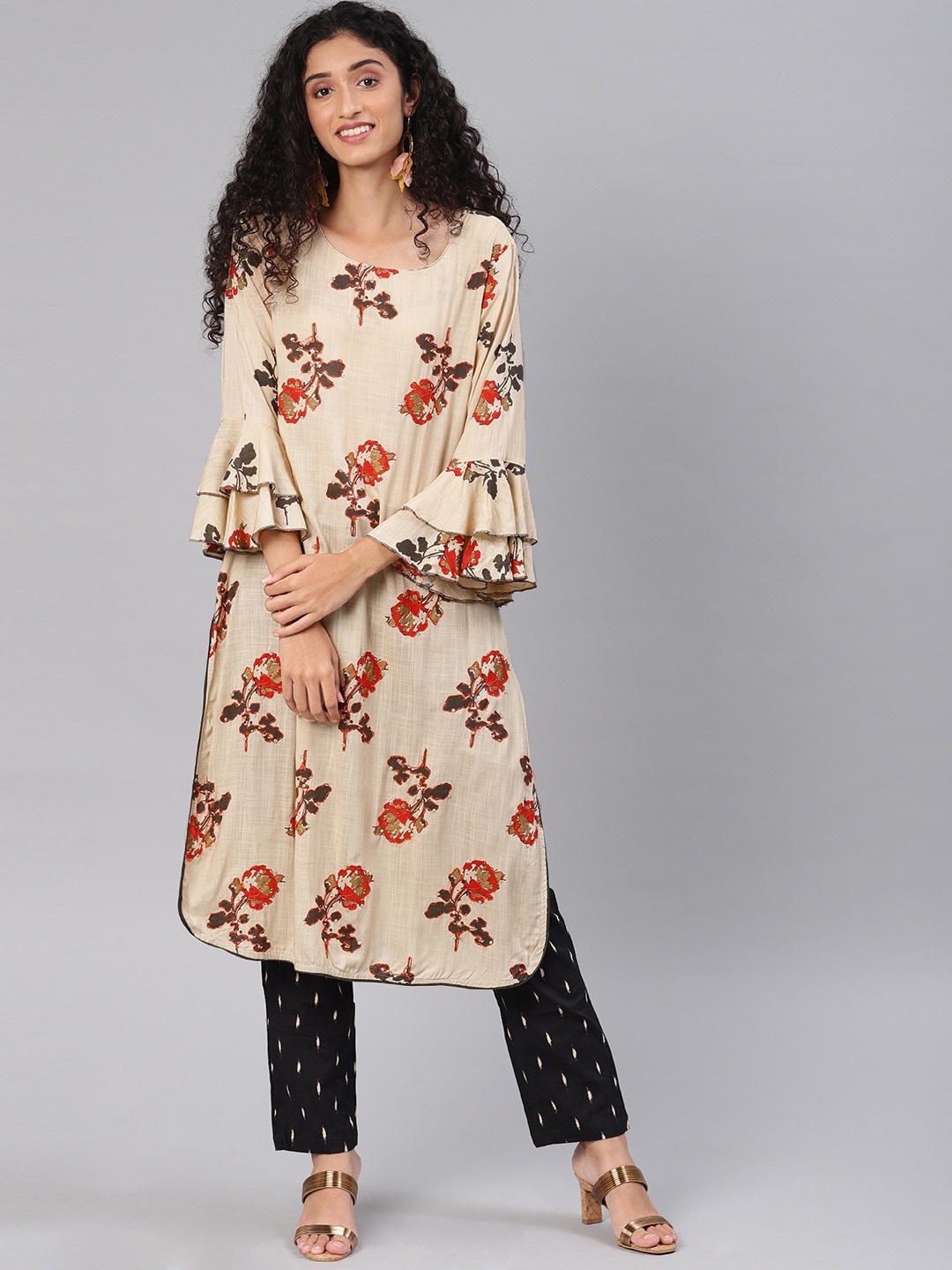 

KALINI Floral Printed Flared Sleeves Bead Work Kurta, Beige